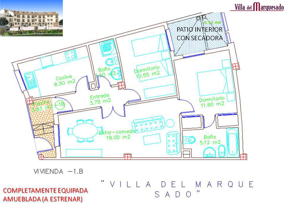 Apartamento totalmente equipado y amueblado de 2 habitaciones y 2 baños en excelentes condiciones